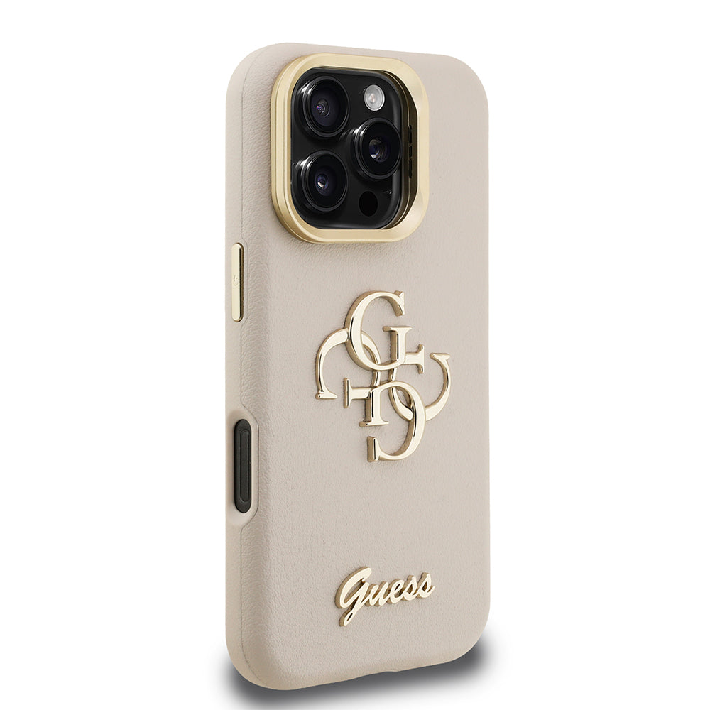 Apple iPhone 16 Pro Kılıf Guess Orjinal Lisanslı Grained Yazı Logolu Kamera Standlı Kapak Bej