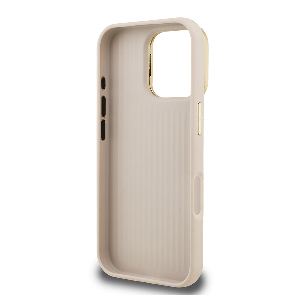 Apple iPhone 16 Pro Kılıf Guess Orjinal Lisanslı Grained Yazı Logolu Kamera Standlı Kapak Bej