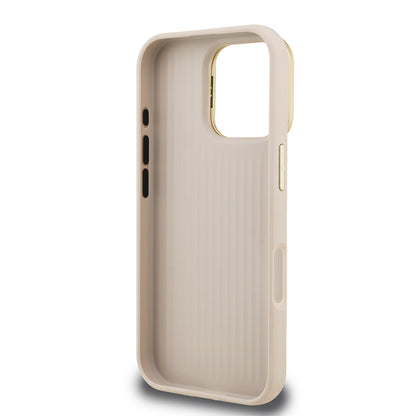 Apple iPhone 16 Pro Kılıf Guess Orjinal Lisanslı Grained Yazı Logolu Kamera Standlı Kapak Bej