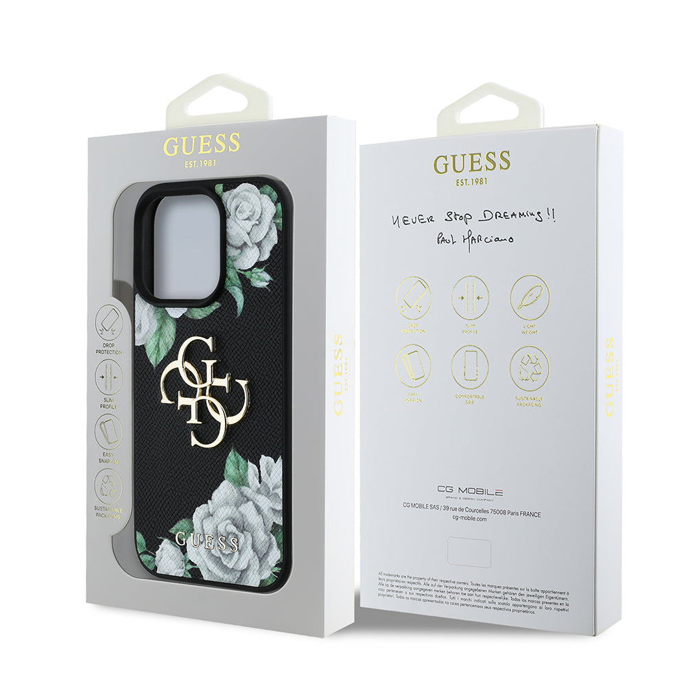 Apple iPhone 16 Pro Case Guess Original Licensed Rose Printed Large Metal Logo Design Cover Purple