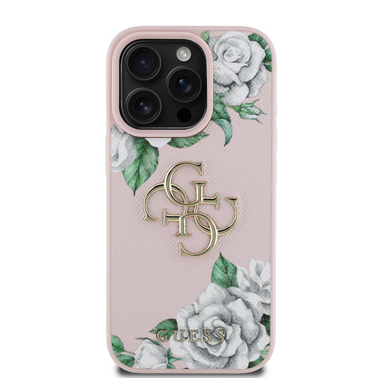 Apple iPhone 16 Pro Case Guess Original Licensed Rose Printed Large Metal Logo Design Cover Pink