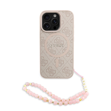 Apple iPhone 16 Pro Kılıf Guess Orjinal Lisanslı M-safe Şarj Özellikli PU Deri Bilek Askı İpli Yazı Logolu Kapak Pembe