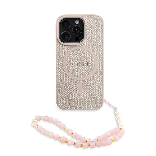 Apple iPhone 16 Pro Kılıf Guess Orjinal Lisanslı M-safe Şarj Özellikli PU Deri Bilek Askı İpli Yazı Logolu Kapak Pembe