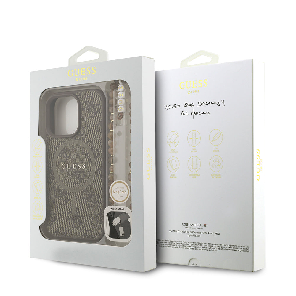 Apple iPhone 16 Pro Kılıf Guess Orjinal Lisanslı M-safe Şarj Özellikli PU Deri Bilek Askı İpli Yazı Logolu Kapak Pembe