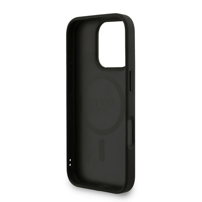 Apple iPhone 16 Pro Kılıf Guess Orjinal Lisanslı M-safe Şarj Özellikli PU Deri Bilek Askı İpli Yazı Logolu Kapak Kahverengi