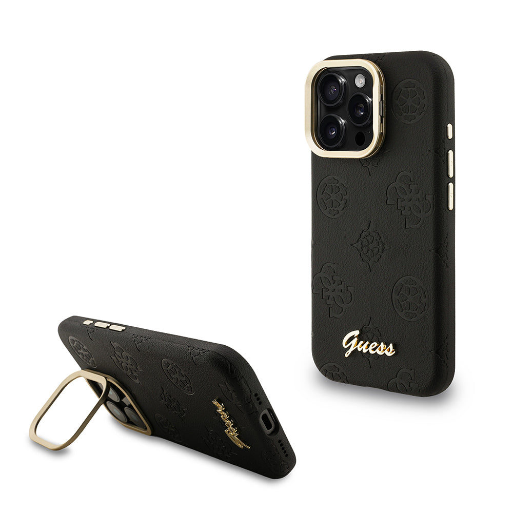 Apple iPhone 16 Pro Kılıf Guess Orjinal Lisanslı M-safe Şarj Özellikli Sıcak Baskılı Yazı Logolu Kamera Standlı PU Deri Peony Kapak Siyah