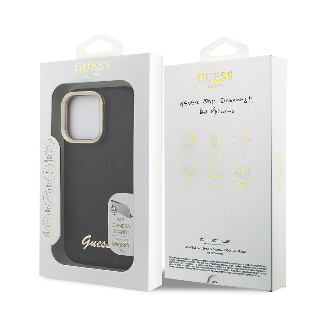 Apple iPhone 16 Pro Kılıf Guess Orjinal Lisanslı M-safe Şarj Özellikli Sıcak Baskılı Yazı Logolu Kamera Standlı PU Deri Peony Kapak Siyah