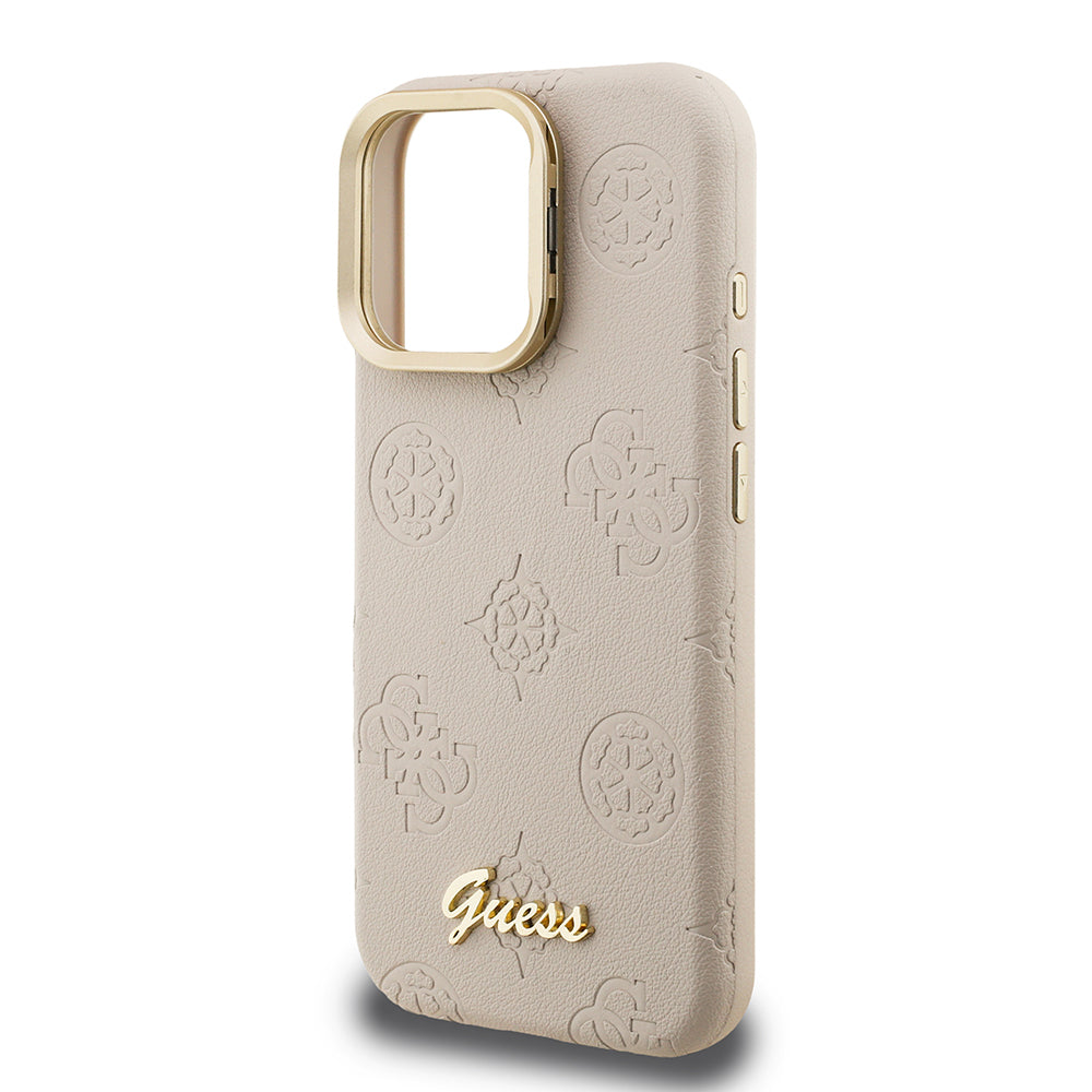 Apple iPhone 16 Pro Kılıf Guess Orjinal Lisanslı M-safe Şarj Özellikli Sıcak Baskılı Yazı Logolu Kamera Standlı PU Deri Peony Kapak Siyah