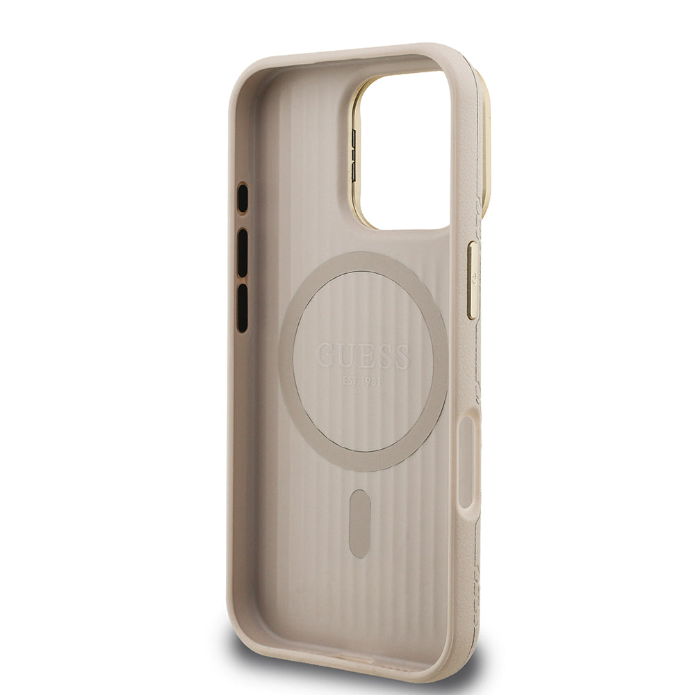 Apple iPhone 16 Pro Kılıf Guess Orjinal Lisanslı M-safe Şarj Özellikli Sıcak Baskılı Yazı Logolu Kamera Standlı PU Deri Peony Kapak Pembe