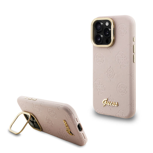 Apple iPhone 16 Pro Kılıf Guess Orjinal Lisanslı M-safe Şarj Özellikli Sıcak Baskılı Yazı Logolu Kamera Standlı PU Deri Peony Kapak Pembe