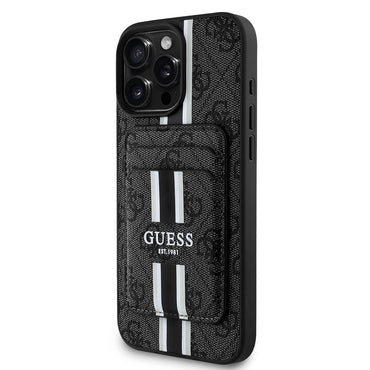 Apple iPhone 16 Pro Case Guess Original Licensed M-safe Charging Feature 4G Patterned Striped Card Holder Cover Black