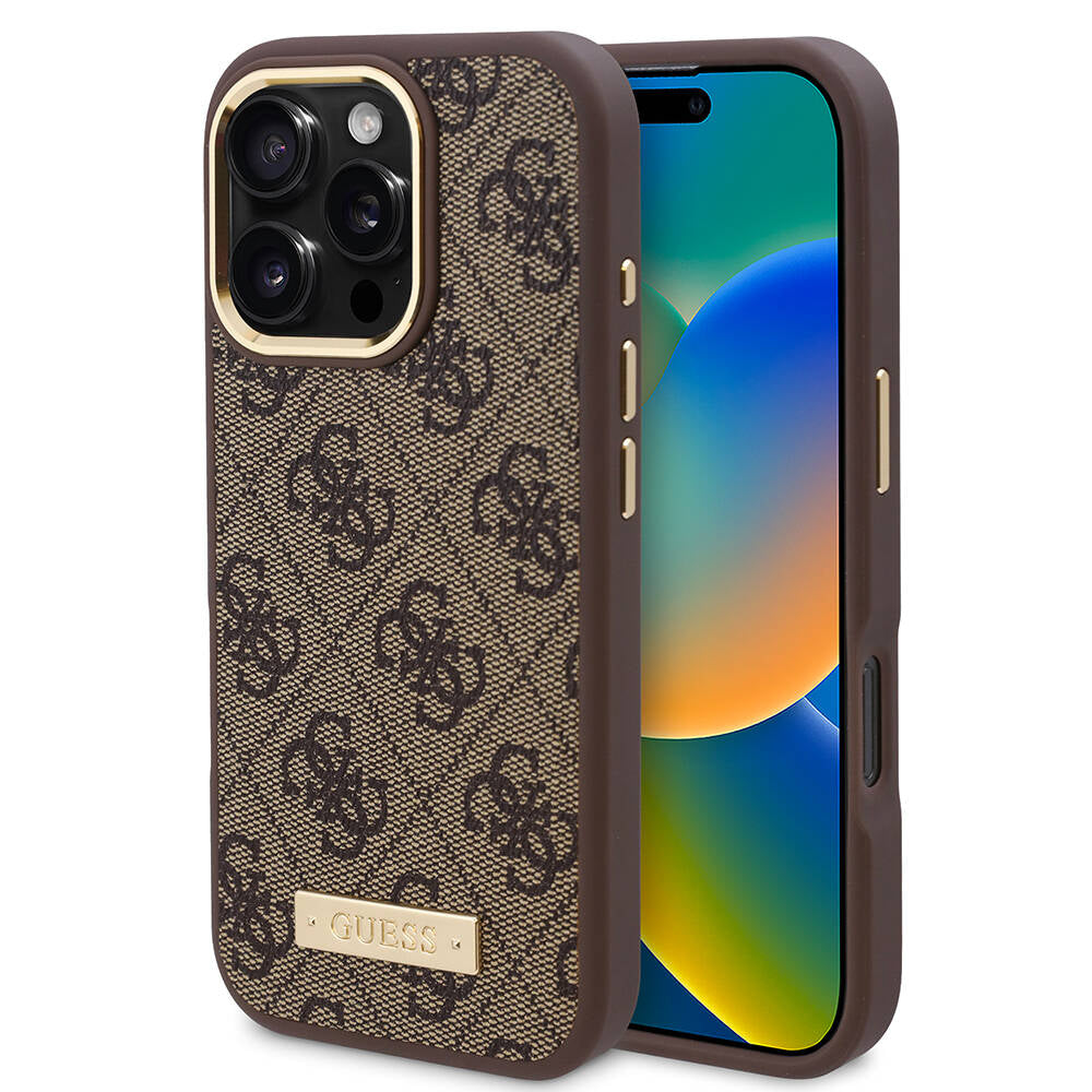 Apple iPhone 16 Pro Case Guess Original Licensed M-safe Charging Feature 4G Patterned PU Metal Plate Classic Logo Cover Brown