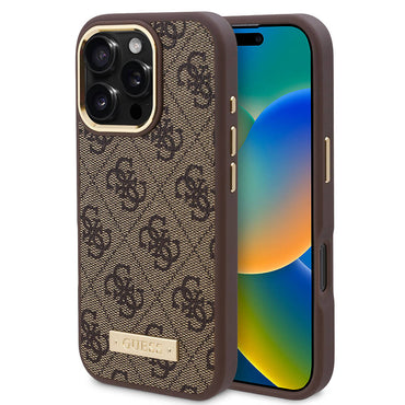 Apple iPhone 16 Pro Case Guess Original Licensed M-safe Charging Feature 4G Patterned PU Metal Plate Classic Logo Cover Pink