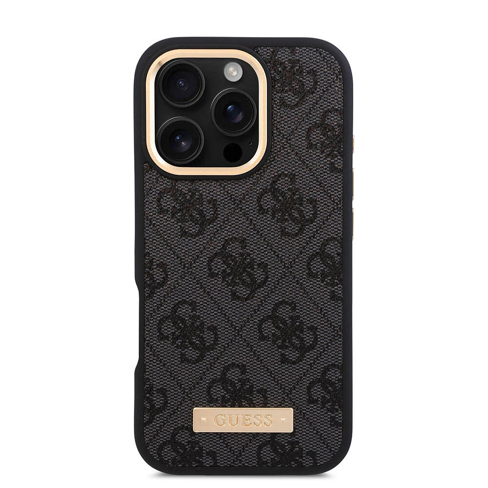 Apple iPhone 16 Pro Case Guess Original Licensed M-safe Charging Feature 4G Patterned PU Metal Plate Classic Logo Cover Brown