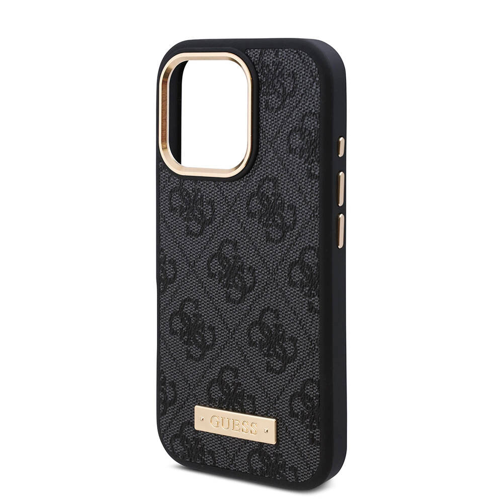 Apple iPhone 16 Pro Case Guess Original Licensed M-safe Charging Feature 4G Patterned PU Metal Plate Classic Logo Cover Pink