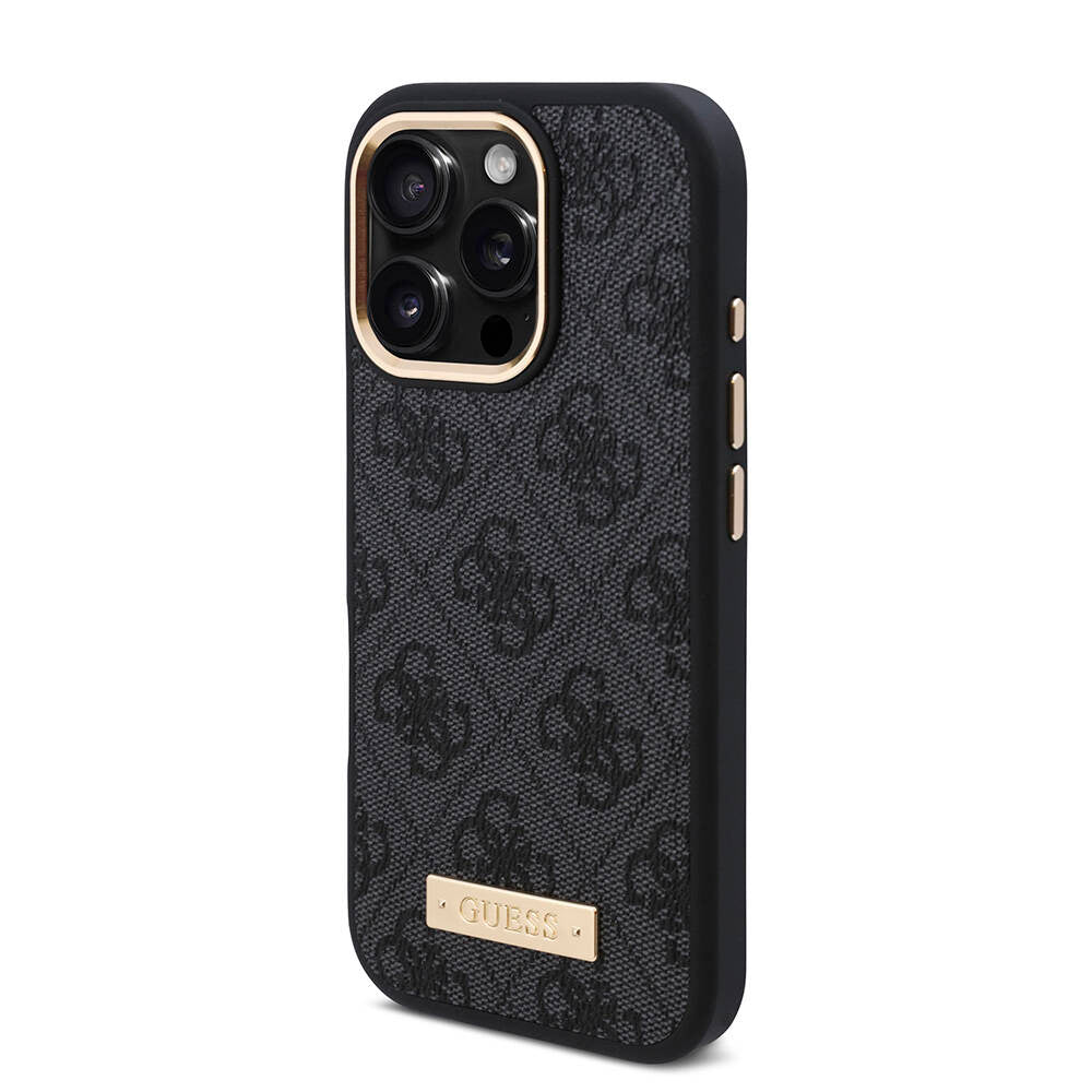 Apple iPhone 16 Pro Case Guess Original Licensed M-safe Charging Feature 4G Patterned PU Metal Plate Classic Logo Cover Brown