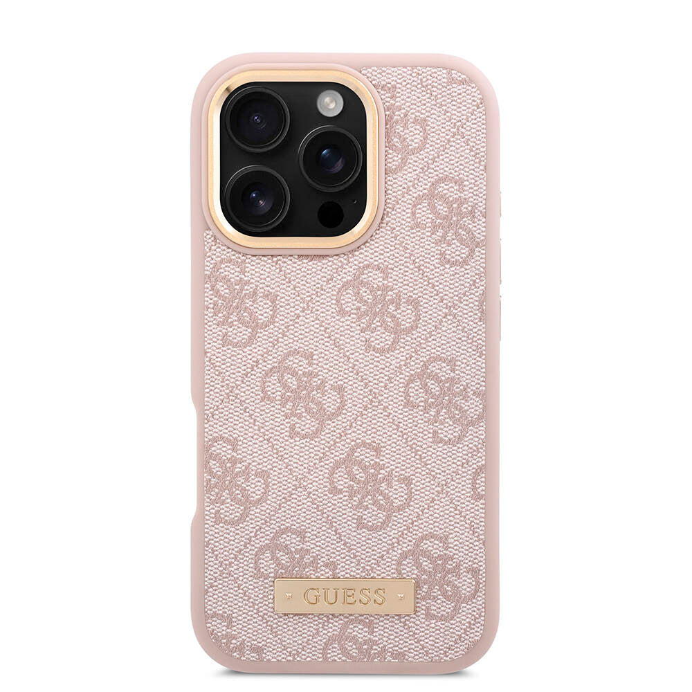 Apple iPhone 16 Pro Case Guess Original Licensed M-safe Charging Feature 4G Patterned PU Metal Plate Classic Logo Cover Brown