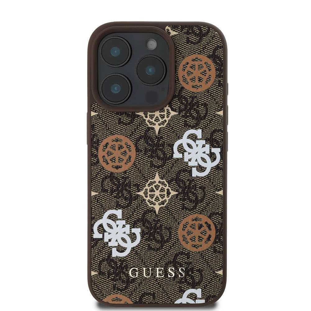 Apple iPhone 16 Pro Case Guess Original Licensed M-safe Charging Feature 4G Patterned Text Logo Peony Cover Black