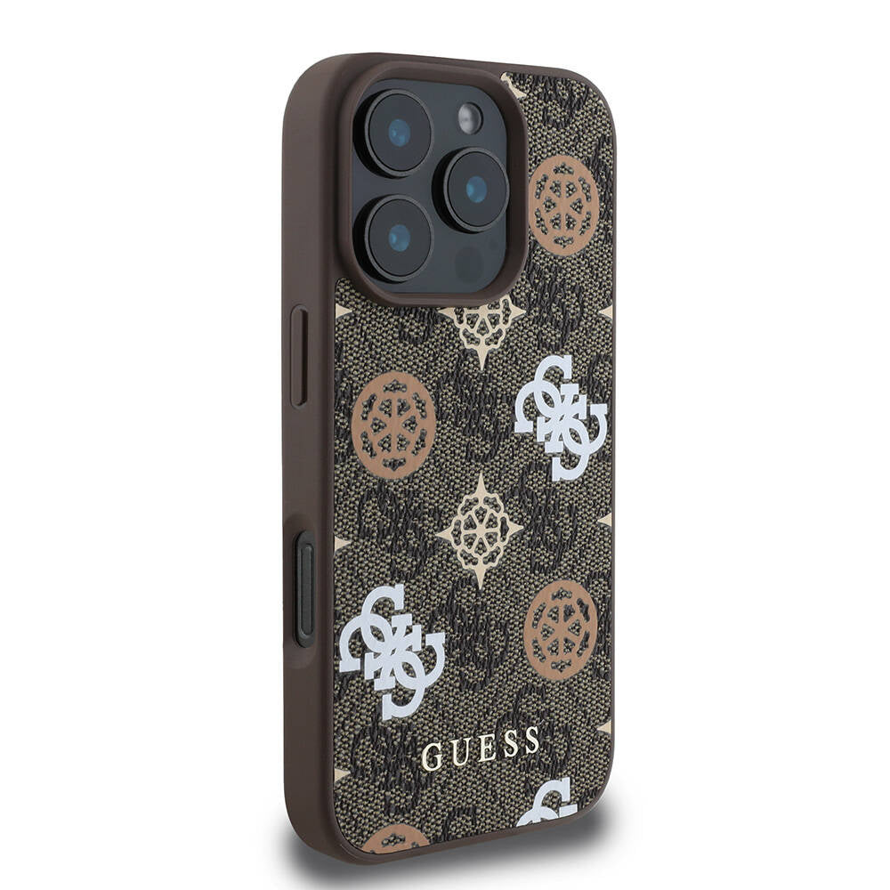 Apple iPhone 16 Pro Case Guess Original Licensed M-safe Charging Feature 4G Patterned Text Logo Peony Cover Black