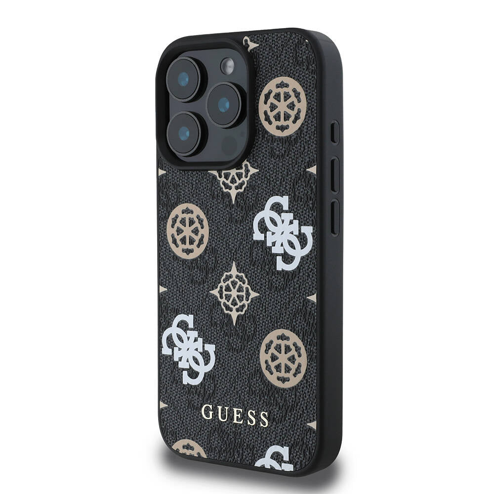 Apple iPhone 16 Pro Case Guess Original Licensed M-safe Charging Feature 4G Patterned Text Logo Peony Cover Black