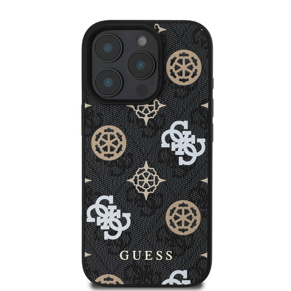 Apple iPhone 16 Pro Case Guess Original Licensed M-safe Charging Feature 4G Patterned Text Logo Peony Cover Black