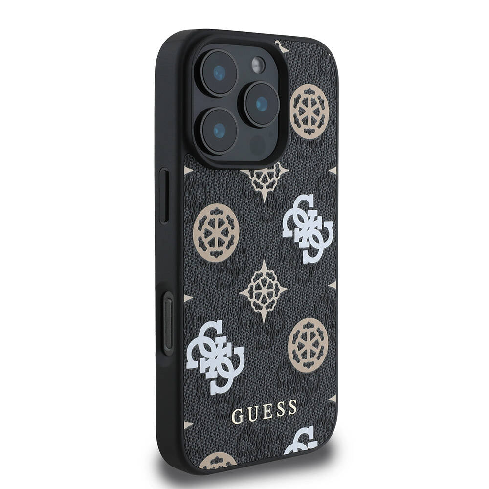 Apple iPhone 16 Pro Case Guess Original Licensed M-safe Charging Feature 4G Patterned Text Logo Peony Cover Black