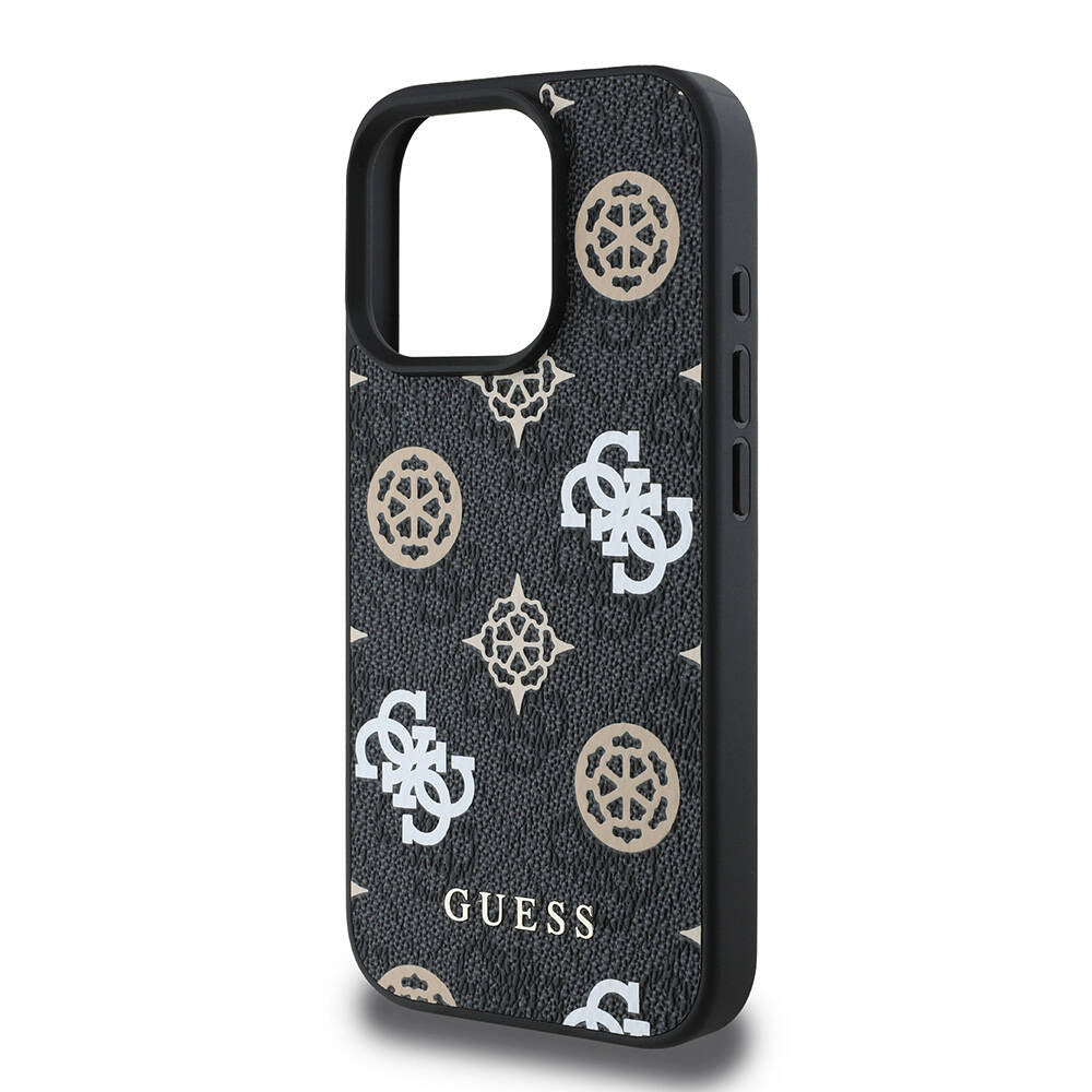 Apple iPhone 16 Pro Case Guess Original Licensed M-safe Charging Feature 4G Patterned Text Logo Peony Cover Black