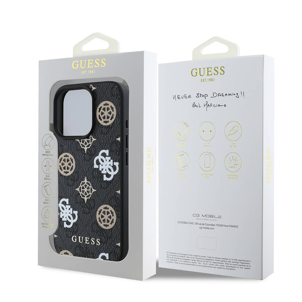 Apple iPhone 16 Pro Case Guess Original Licensed M-safe Charging Feature 4G Patterned Text Logo Peony Cover Black