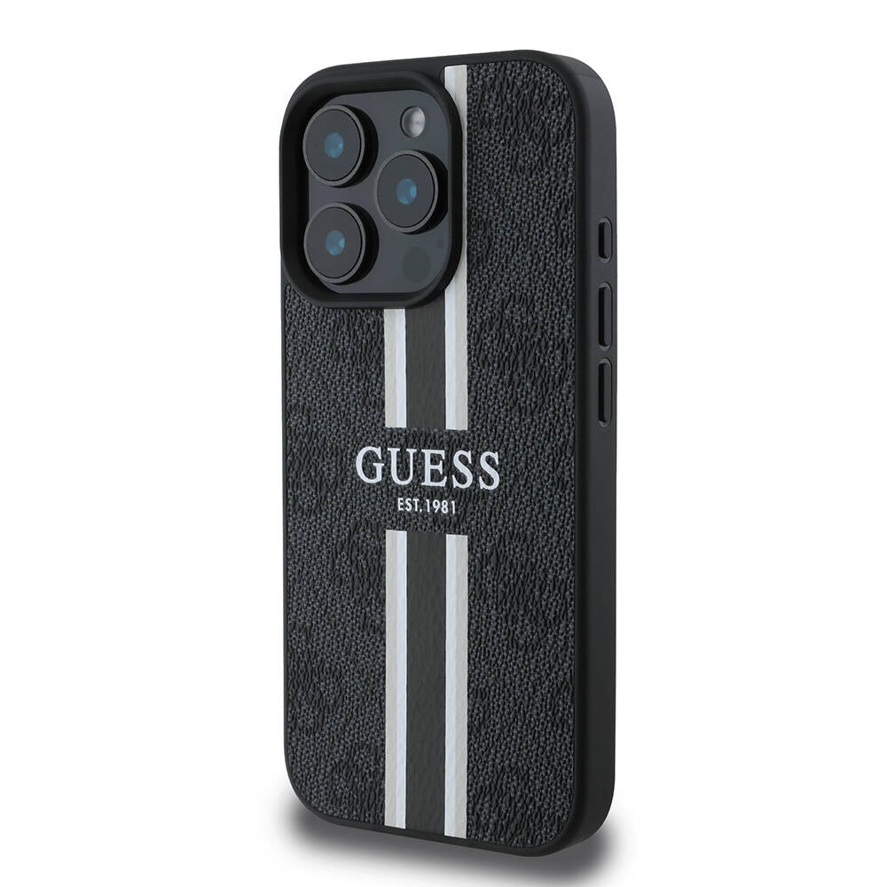 Apple iPhone 16 Pro Case Guess Original Licensed M-safe Charging Feature 4G Stripe Design Printed Cover Brown