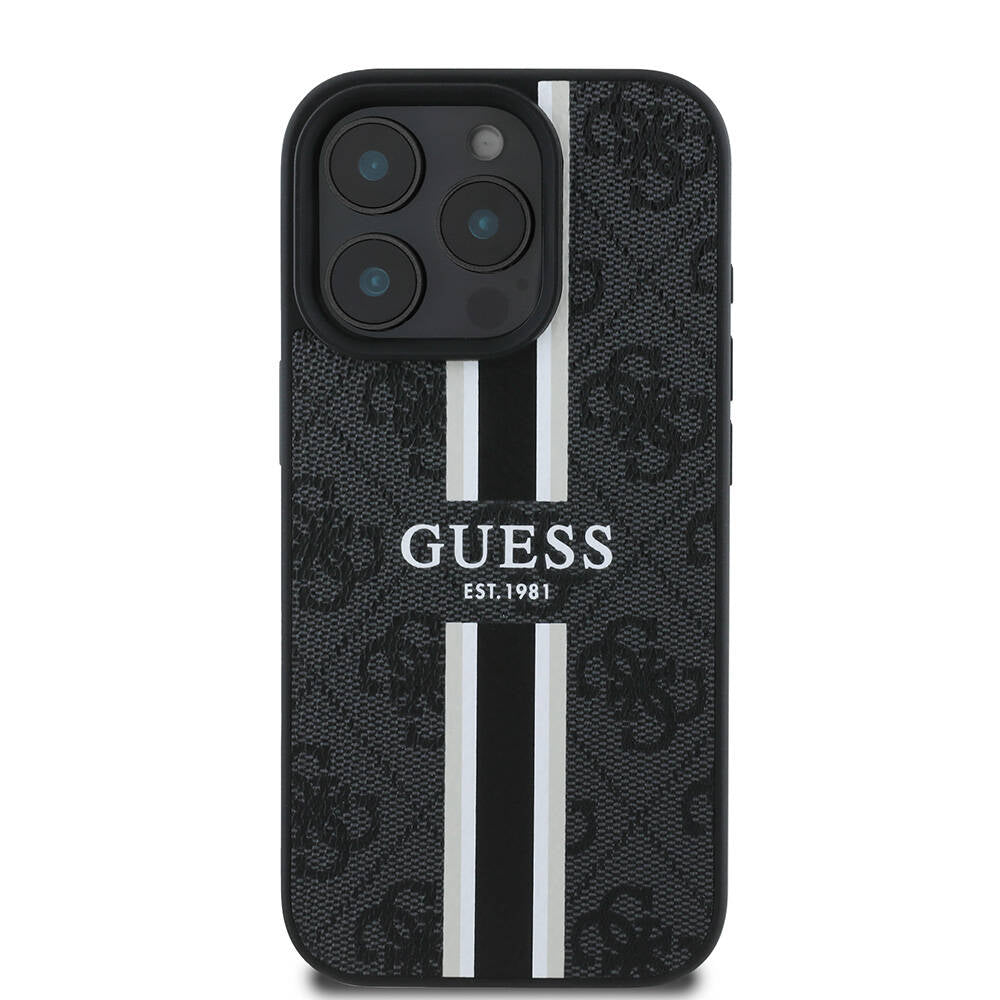 Apple iPhone 16 Pro Case Guess Original Licensed M-safe Charging Feature 4G Stripe Design Printed Cover Pink