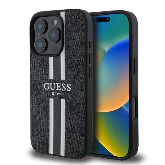 Apple iPhone 16 Pro Case Guess Original Licensed M-safe Charging Feature 4G Stripe Design Printed Cover Black