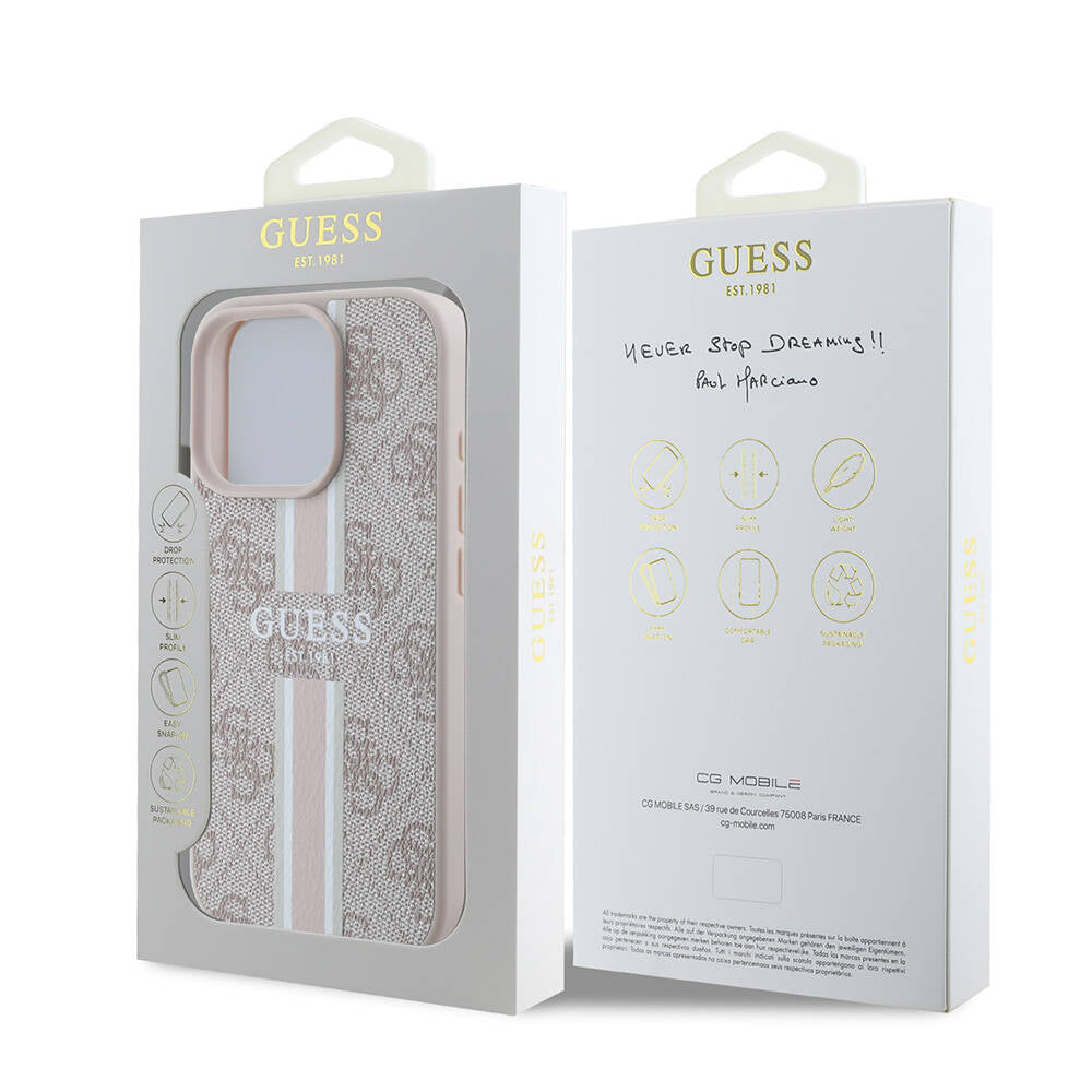 Apple iPhone 16 Pro Case Guess Original Licensed M-safe Charging Feature 4G Stripe Design Printed Cover Brown