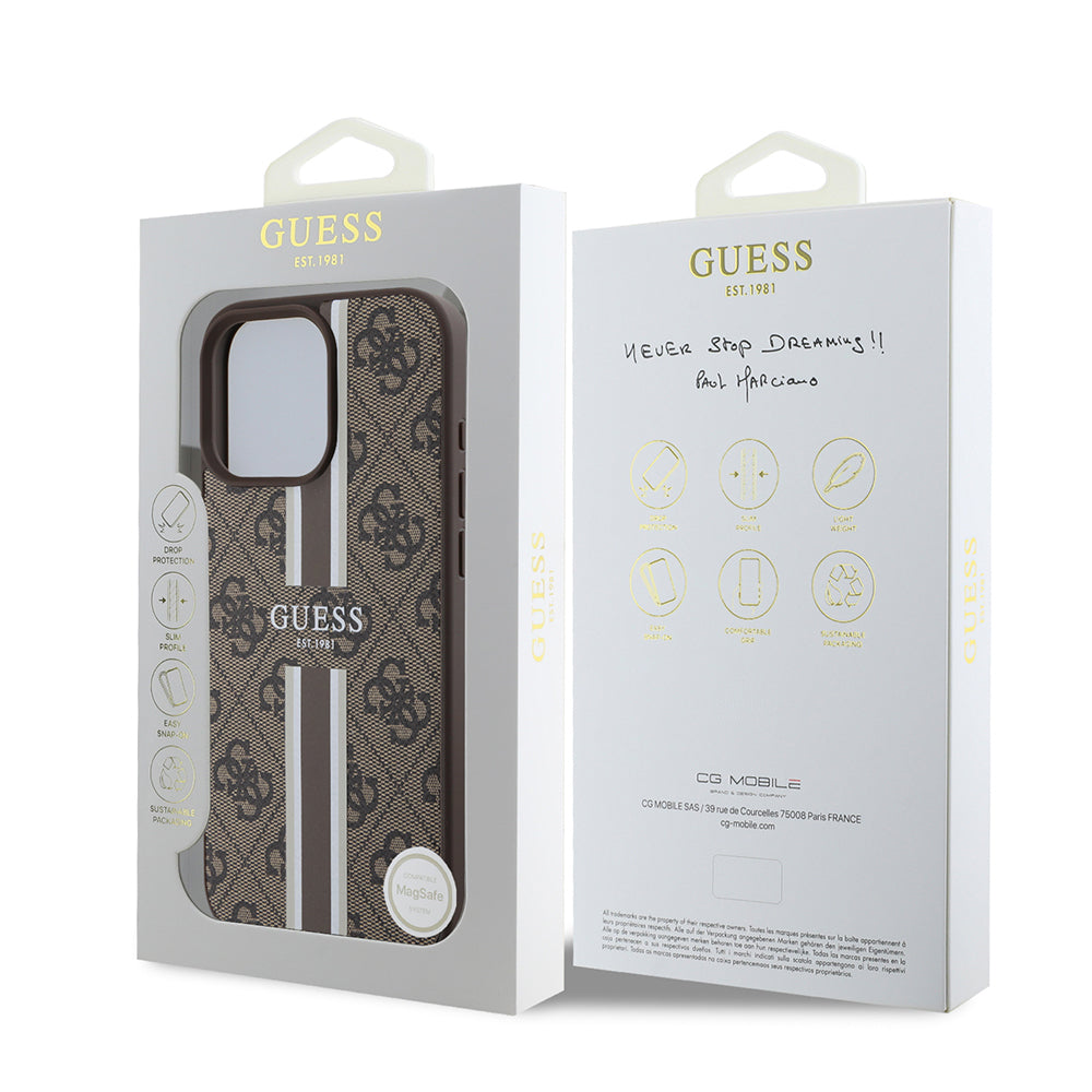 Apple iPhone 16 Pro Case Guess Original Licensed M-safe Charging Feature 4G Stripe Design Printed Cover Brown
