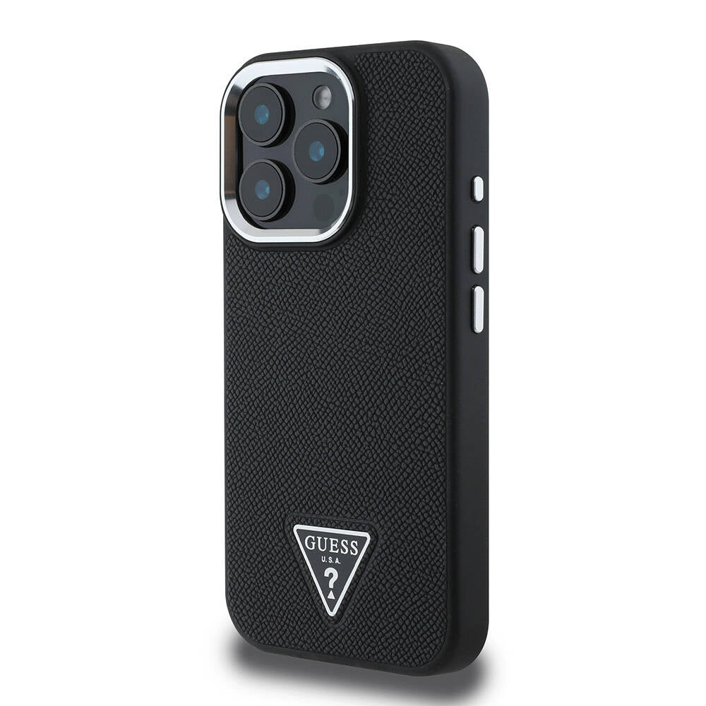 Apple iPhone 16 Pro Case Guess Original Licensed M-safe Charging Feature Grained Triangle Cover Brown