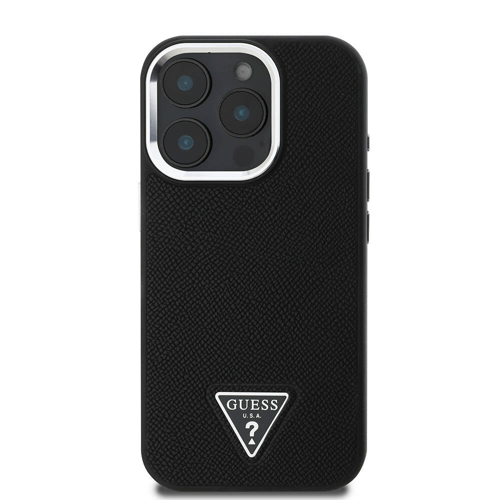 Apple iPhone 16 Pro Case Guess Original Licensed M-safe Charging Feature Grained Triangle Cover Brown