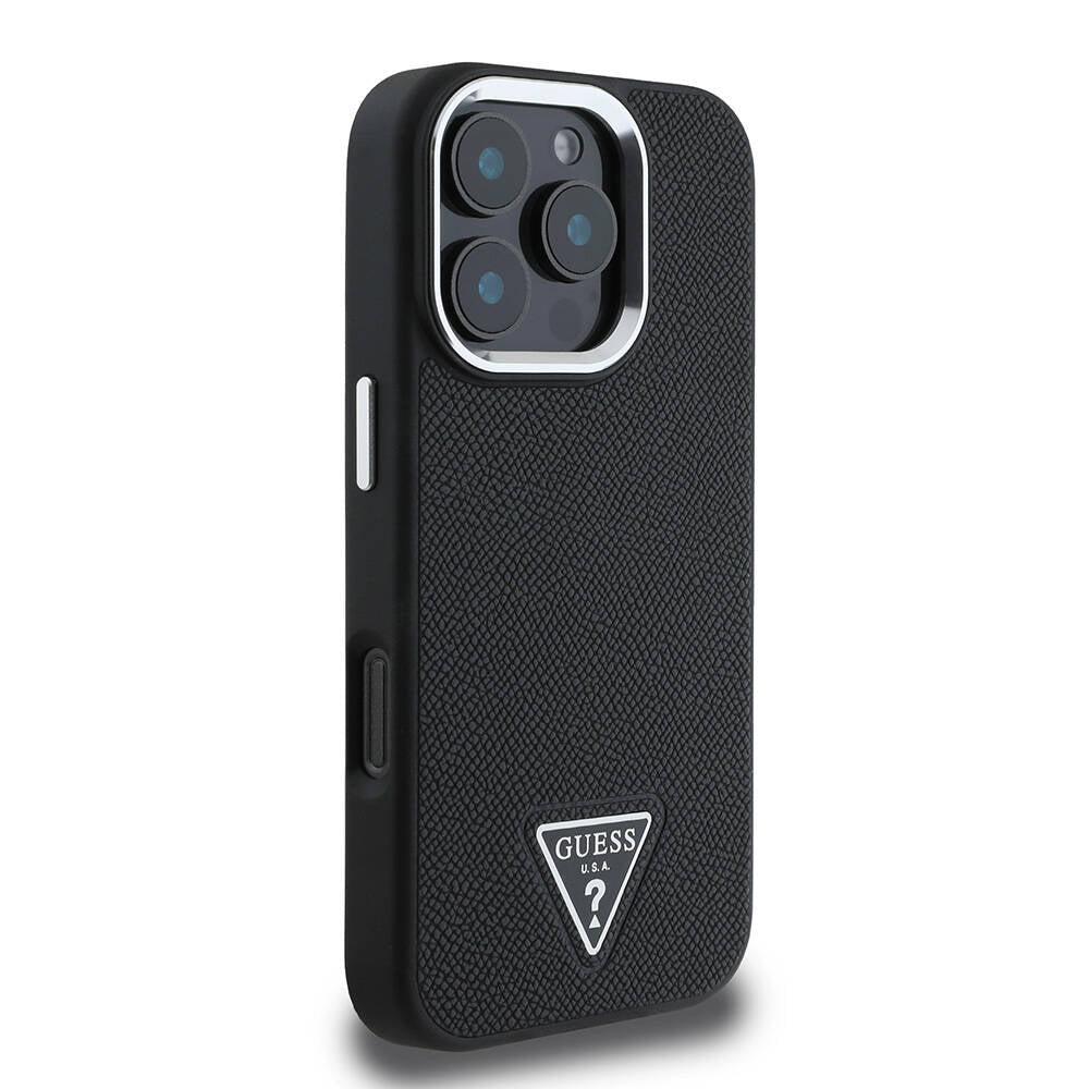 Apple iPhone 16 Pro Case Guess Original Licensed M-safe Charging Feature Grained Triangle Cover Brown