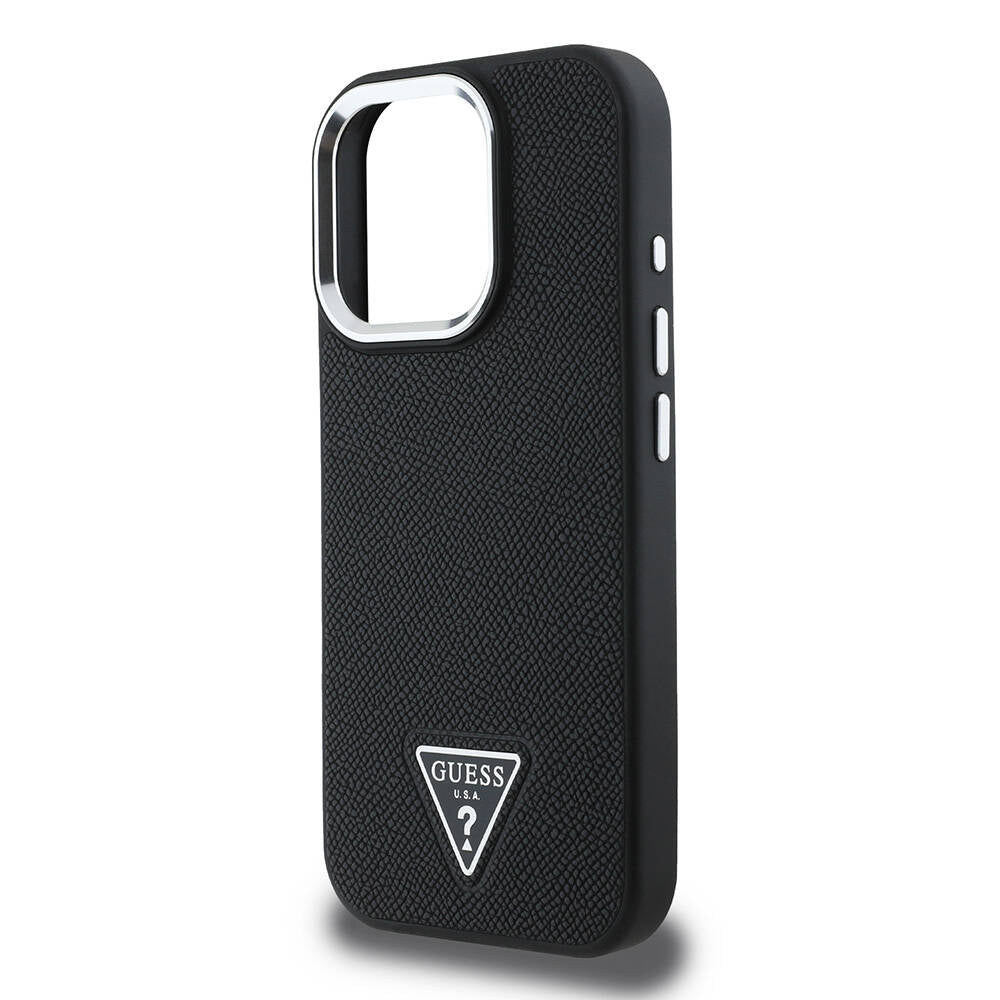 Apple iPhone 16 Pro Case Guess Original Licensed M-safe Charging Feature Grained Triangle Cover Brown