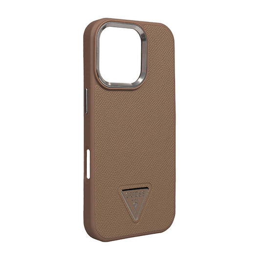 Apple iPhone 16 Pro Case Guess Original Licensed M-safe Charging Feature Grained Triangle Cover Brown