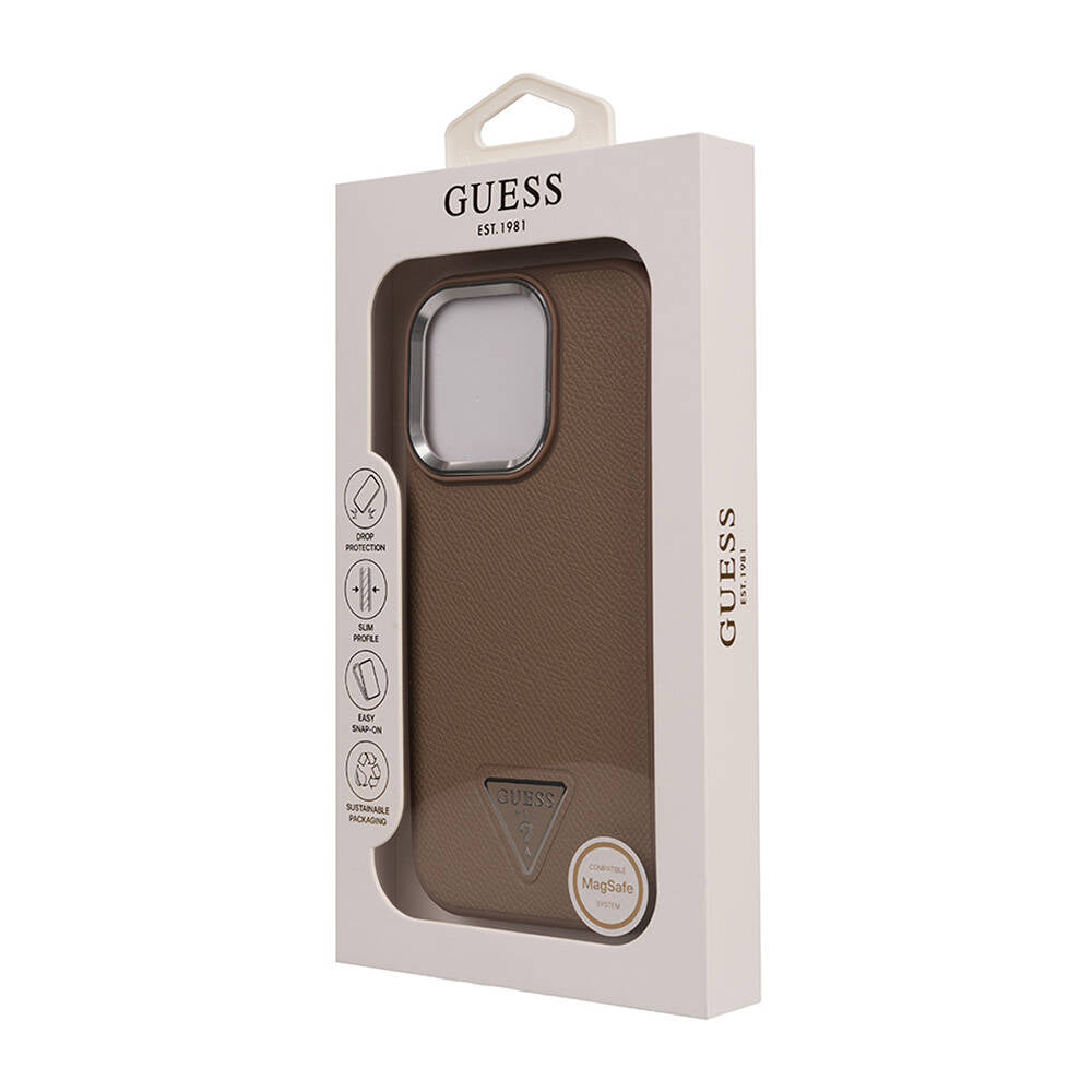 Apple iPhone 16 Pro Case Guess Original Licensed M-safe Charging Feature Grained Triangle Cover Brown