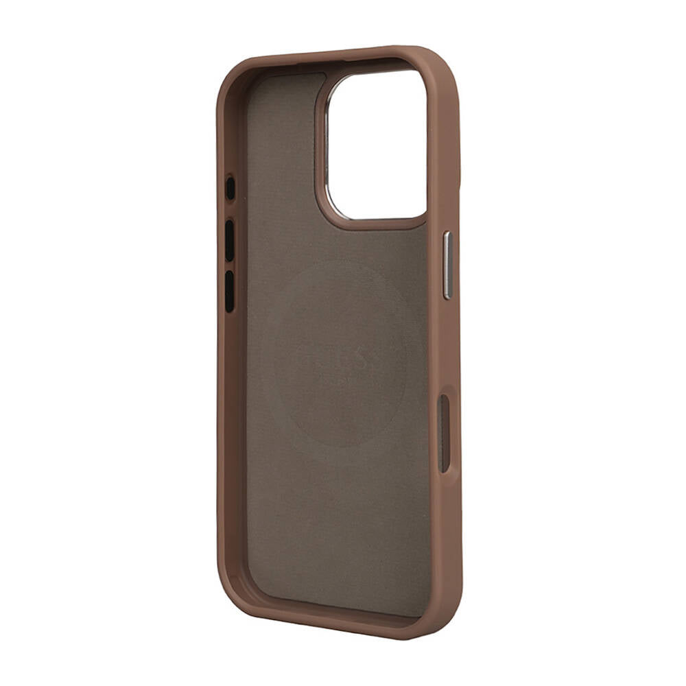 Apple iPhone 16 Pro Case Guess Original Licensed M-safe Charging Feature Grained Triangle Cover Brown