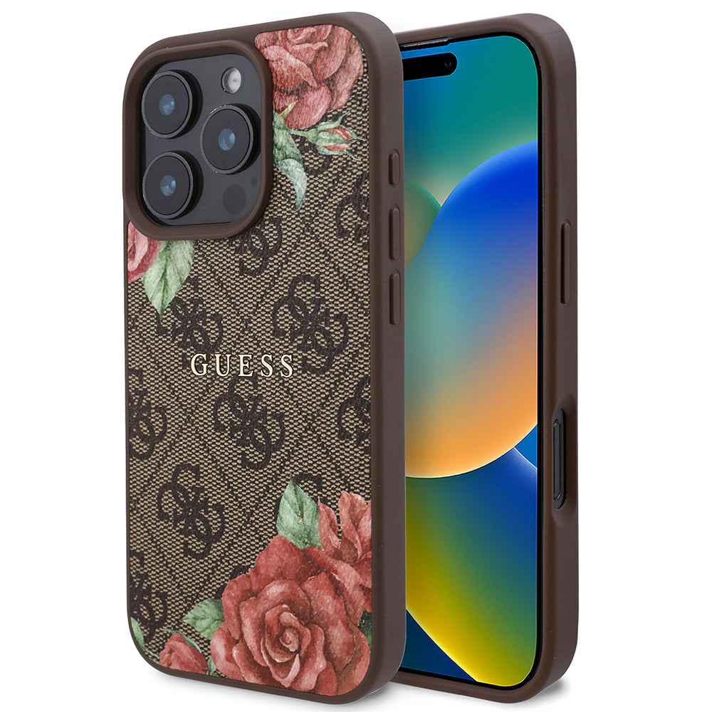 Apple iPhone 16 Pro Case Guess Original Licensed M-safe Charging Feature Rose Printed 4G Patterned Text Logo Cover Black