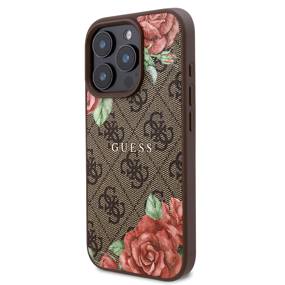 Apple iPhone 16 Pro Case Guess Original Licensed M-safe Charging Feature Rose Printed 4G Patterned Text Logo Cover Black