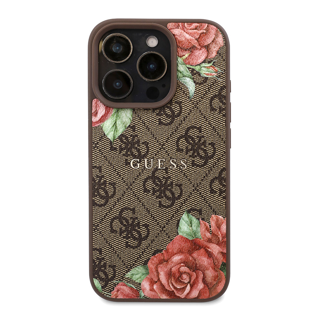 Apple iPhone 16 Pro Case Guess Original Licensed M-safe Charging Feature Rose Printed 4G Patterned Text Logo Cover Black
