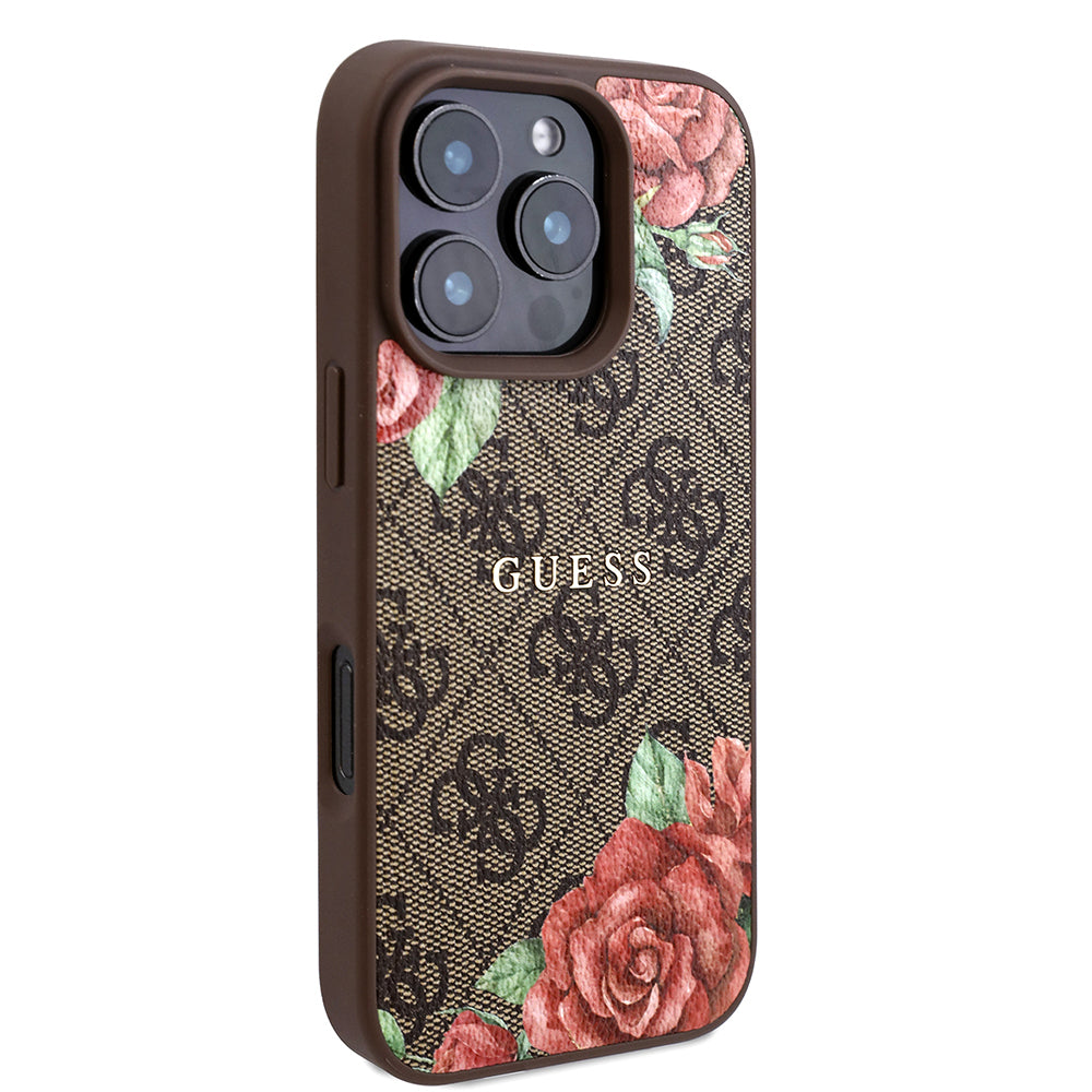 Apple iPhone 16 Pro Case Guess Original Licensed M-safe Charging Feature Rose Printed 4G Patterned Text Logo Cover Black
