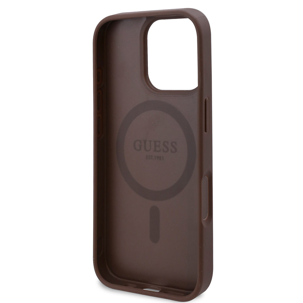 Apple iPhone 16 Pro Case Guess Original Licensed M-safe Charging Feature Rose Printed 4G Patterned Text Logo Cover Black
