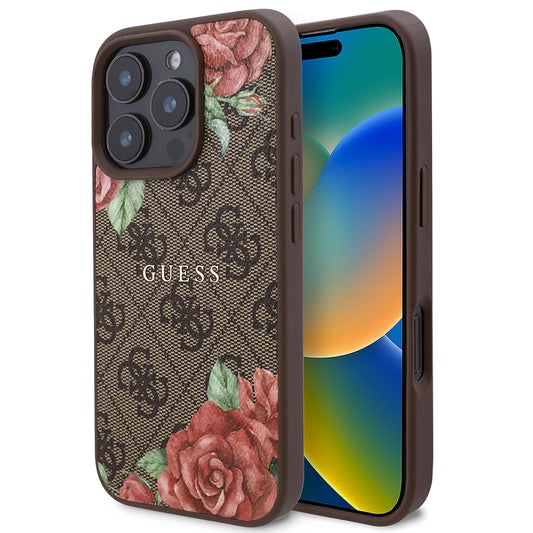 Apple iPhone 16 Pro Case Guess Original Licensed M-safe Charging Feature Rose Printed 4G Patterned Text Logo Cover Brown