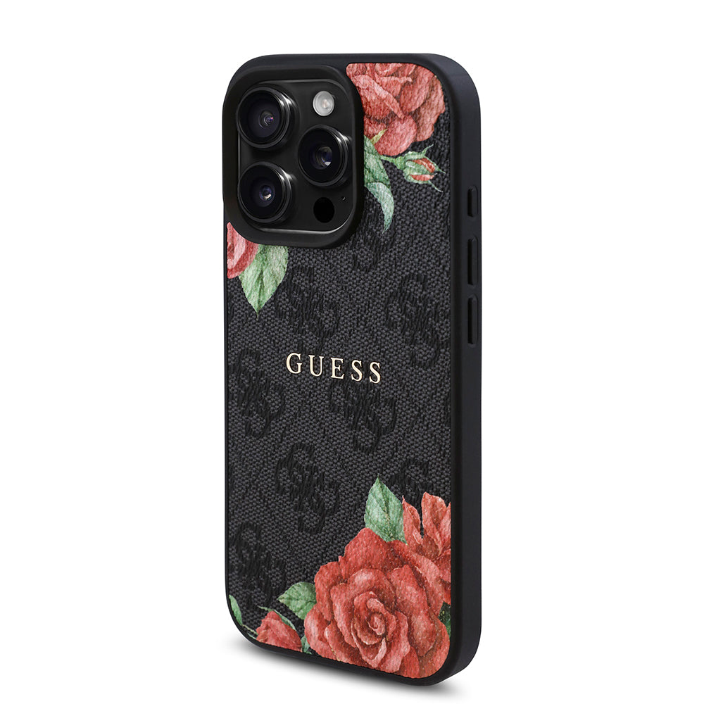 Apple iPhone 16 Pro Case Guess Original Licensed M-safe Charging Feature Rose Printed 4G Patterned Text Logo Cover Black