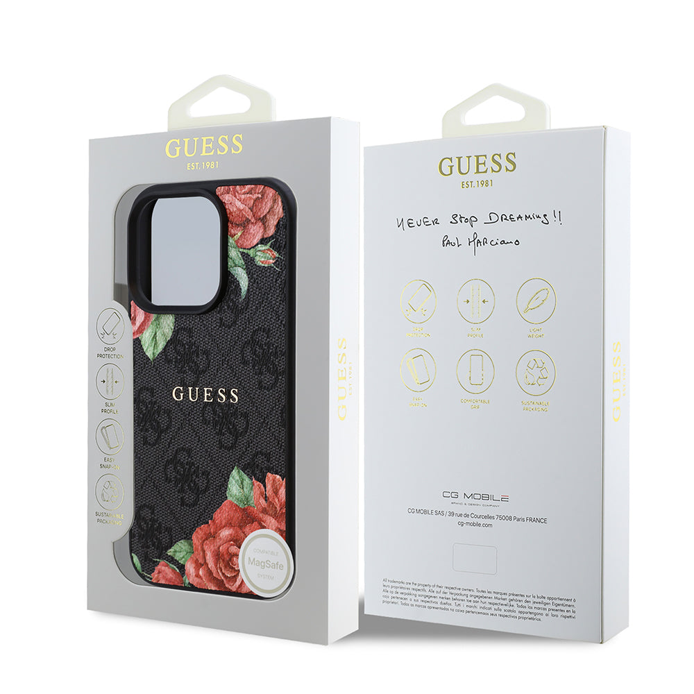 Apple iPhone 16 Pro Case Guess Original Licensed M-safe Charging Feature Rose Printed 4G Patterned Text Logo Cover Black