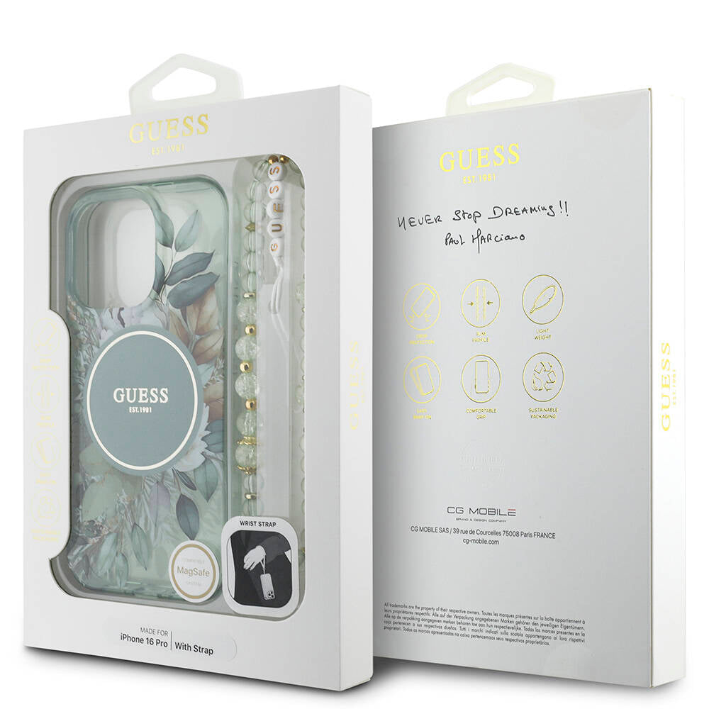 Apple iPhone 16 Pro Case Guess Original Licensed M-Safe Charging Feature IML Printed Flower Pearl Bracelet Cover Black