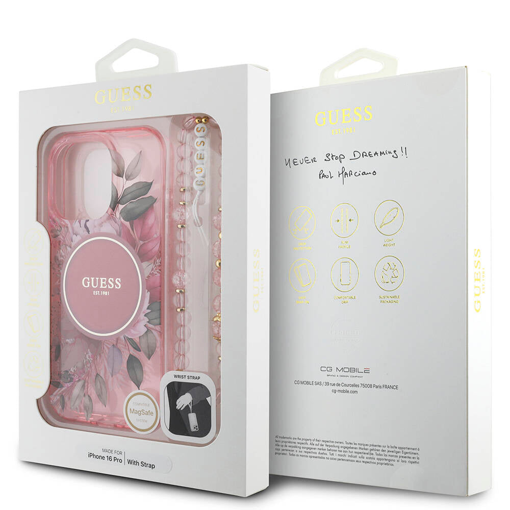 Apple iPhone 16 Pro Case Guess Original Licensed M-Safe Charging Feature IML Printed Flower Pearl Bracelet Cover Black